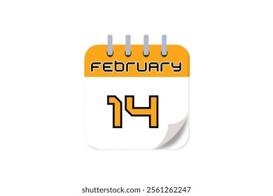 14 February month single day vector, illustration, calendar with yellow, black and white color background calendar February 14