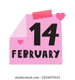 14 February. Paper note. Vector art. Illustration on white background. 