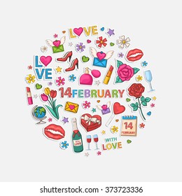14 February set  in the form of a circle.With shadow,isolated on a white background.Hand Drawn.Scrapbook.Sticker.With letter,perfume,text,lipstick,hearts,womens shoes,champagne,glasses,email,love