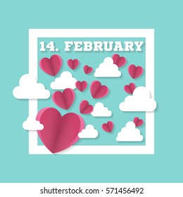 14 February sign with hearts and clouds in square. Valentine's day. Vector illustration.
