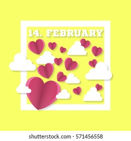14 February sign with hearts and clouds in square. Valentine's day. Vector illustration.