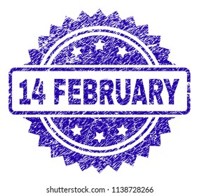 14 FEBRUARY stamp watermark with scratched style. Blue vector rubber seal print of 14 FEBRUARY caption with scratched texture.