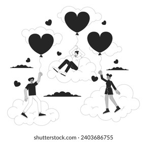 14 de febrero valentines day concepto de ilustración 2D en blanco y negro. Las caricaturas de varias personas esbozan personajes aislados en blanco. Globos en forma de corazón, metáforas flotantes metáforas monocromáticas de arte vectorial