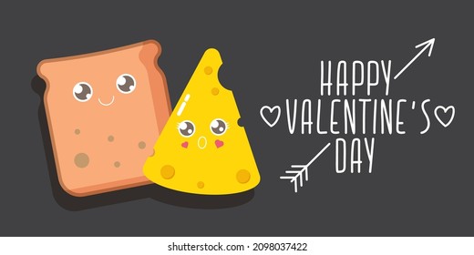 14 February valentines day comic funky kids poster or horizontal banner with funky food couple. vector cartoon cute bread man character with cheese girl character isolated on grey background.