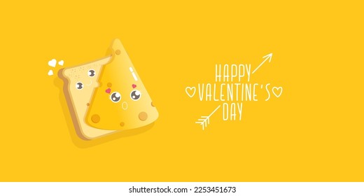 14 February valentines day comic funky kids poster and horizontal banner with funky food couple. vector cartoon cute bread man character with cheese woman character isolated on orange background.