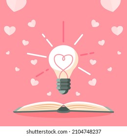 14 February Valentines day concept. Heart lightbulb float on the valentine book. Vector illustration flat design for banner, poster, and background.