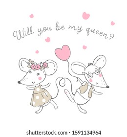14 February - Valentine's Day. Cute greeting card with a mice who falls in love. Text: Will you be my queen? Hand drawn vector illustration. Pink sunglasses. Clip art for happy valentines day.