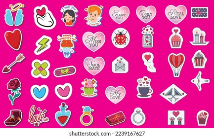 14 February Valentine's day elements cartoon stickers set isolated on the background.