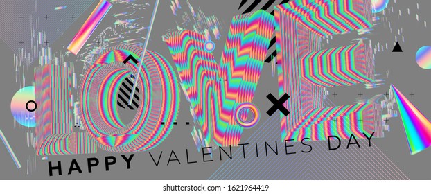 14 february Valentines Day holiday concept modern design with geometric 3d elements and 80s memphis bright style. Love techno party art with abstract shapes. Vector illustration
