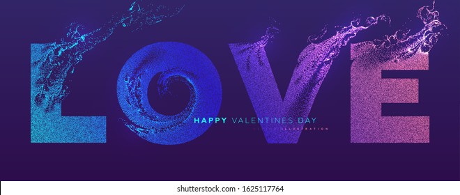 14 february Valentines Day holiday background. Glowing particles liquid dynamic flow love lettering. Trendy fluid cover design. Eps10 vector illustration