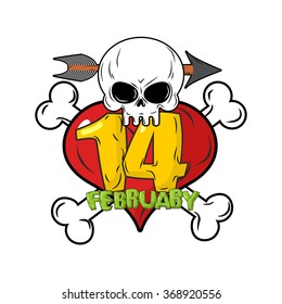 14 February. Valentines day logo for love until death. Head skull symbol of demise. Red heart and bones. Template for tattoos.

