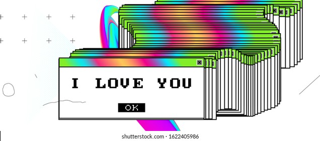 14 february Valentines Day love background with trendy modern glitch art, retro wave, 80s error window aesthetics and bauhaus elements for sale banner or invitation. Vector illustration