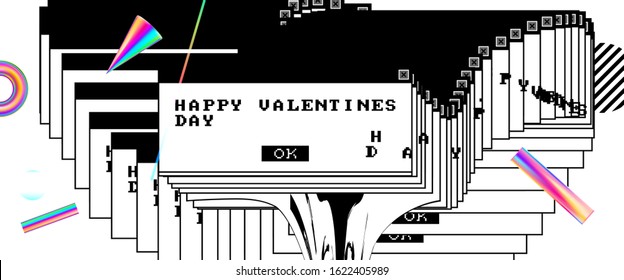 14 february Valentines Day love background with trendy modern glitch art, retro wave, 80s error window aesthetics and bauhaus elements for sale banner or invitation. Vector illustration