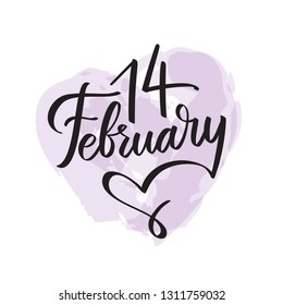 14 February Valentines Day typography lettering with handwritten calligraphy text on watercolor heart, isolated on white background. Vector Illustration