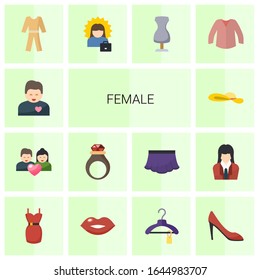 14 female flat icons set isolated on white background. Icons set with girlfriend, couple, handmade Jewelry, woman hat, pyjamas, successful woman, sewing mannequin, blouse icons.