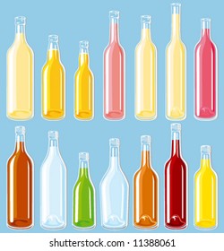 14 Filled glass bottle set, each in separated layers.