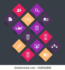 14 finance, costs, tax icons on color rhombic shapes, vector illustration