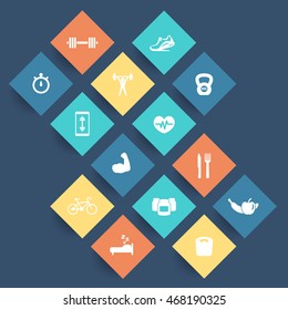 14 fitness, gym icons, exercise, training rhombic pictograms