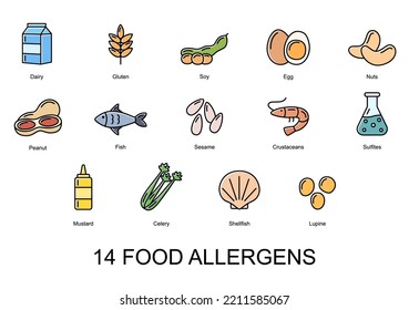 14 Lebensmittelallergene. Set von Farbsymbolen der einfachen Allergene . Vektorgrafik