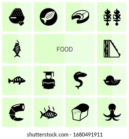 14 food filled icons set isolated on white background. Icons set with smoked fish, perch, Product Listing, sandwich, caviar, Fish, fish steak, starters, shrimp, grilled icons.
