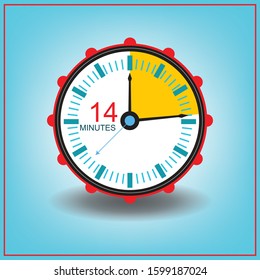 14 Fourteen Minutes Clock Icon. Vector Time Symbol With Blue Background