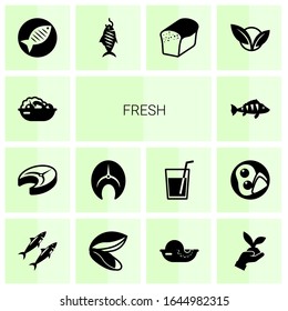 14 fresh filled icons set isolated on white background. Icons set with Salad, fish steak, salmon, perch, Fish, smoked fish, bread, vegetarian, sardine, mussel, seafood icons.
