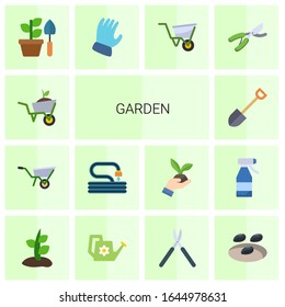 14 garden flat icons set isolated on white background. Icons set with Garden services, Wheelbarrow, Garden hose, Shovel, Gardening, gloves, wheelbarrow, pruner icons.