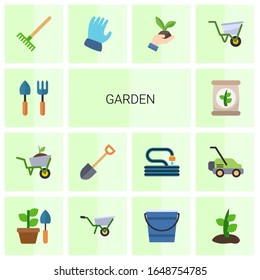 14 garden flat icons set isolated on white background. Icons set with Gardening tools, Garden services, Shovel, fertilizer, Rake, Garden gloves, Gardening, wheelbarrow icons.