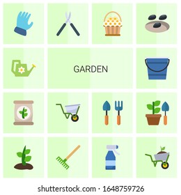 14 garden flat icons set isolated on white background. Icons set with Watering can, fertilizer, wheelbarrow, Bucket, Garden gloves, Gardening scissors, flower basket, seeds icons.