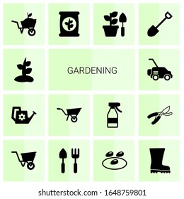 14 gardening filled icons set isolated on white background. Icons set with Plant, Watering can, Wheelbarrow, Lawnmower, Garden services, fertilizer, Gardening, Shovel, wheelbarrow icons.