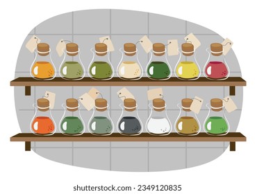 14 glass jars of spices on two shelves, Grey Tile wall on background