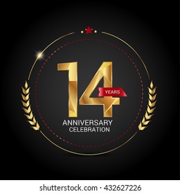 14 golden anniversary logo with red ribbon, low poly design number