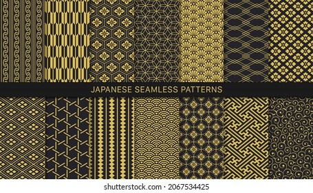 14 golden Japanese pattern seamless pattern set.