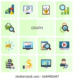 14 graph flat icons set isolated on white background. Icons set with Marketing research, Advertising Networks, statistics, Search optimization, social media trends, analytics app icons.