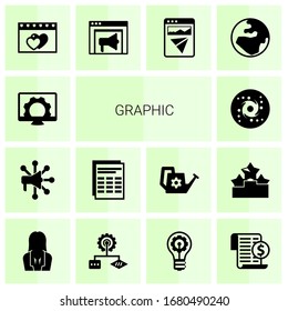 14 graphic filled icons set isolated on white background. Icons set with Computer repair, Advertising Networks, Sheet, galaxy, dating, Banner Ads, Landing page, globe, businesswoman icons.