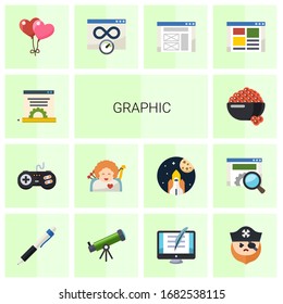 14 graphic flat icons set isolated on white background. Icons set with Blog management, joystick, cupid angel, caviar, balloons, Bandwidth, wireframe, front end, Pen, Astronomy icons.