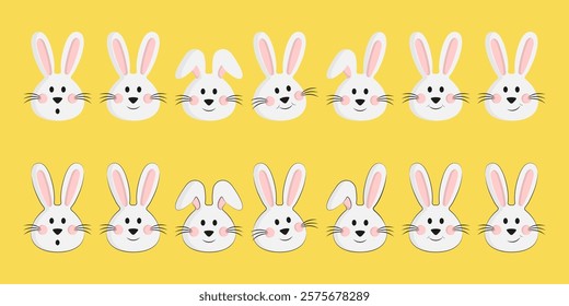 14 hand drawn rabbits for stickers, icons, prints, cards, labels, tags, Easter and New Year decor. Rabbit, bunny head. Cute hand drawn bunny set. With outline. Without outline.