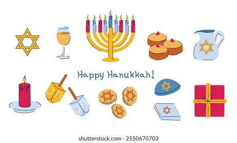 14 Hanukkah themed stickers symbols of celebration in simple vector style.