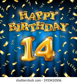 14 Happy Birthday message made of golden inflatable balloon fourteen letters isolated on blue background fly on gold ribbons with confetti. Happy birthday party balloons concept vector illustration 