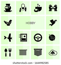 14 hobby filled icons set isolated on white background. Icons set with Toys making, Aeromodeling, Stamps collecting, Origami, Pottery, tailor, Soap making, Handmade, Gardening tools icons.