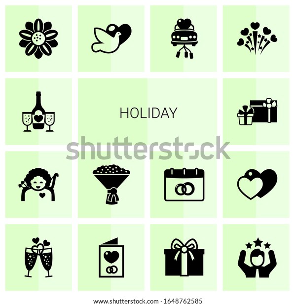 14 holiday\
filled icons set isolated on white background. Icons set with\
champagne, cupid angel, bridal bouquet, gifts, Floral design, dove,\
just married car, fireworks\
icons.