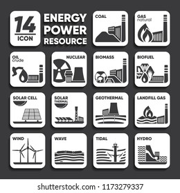 14 Icon Of Energy Bio Fuel, Biomass, Landfill Gas, Coal, Natural Gas, Oil, Nuclear, Wave, Tidal, Hydro, Wind, Solar Cell, Solar Thermal, Geothermal