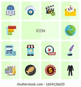 14 icon flat icons set isolated on white background. Icons set with Priority, News Feed, Mobile marketing, globe, Affiliate Marketing, cloud computing, Video maker, Mail marketing icons.