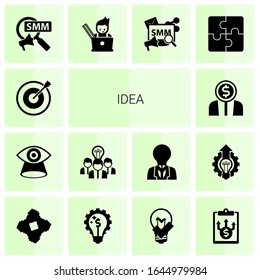 14 idea filled icons set isolated on white background. Icons set with Target, Vision, Collaborative idea, Entrepreneurship, Social Marketing, graphic designer, Social Media Marketing icons.