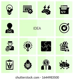 14 iconos llenos de ideas aislados en fondo blanco. Iconos con creatividad, hombre rico, bulbo cerebral, objetivo, gran solución, curso interactivo, tormenta cerebral, íconos de aprendizaje basado en juegos.