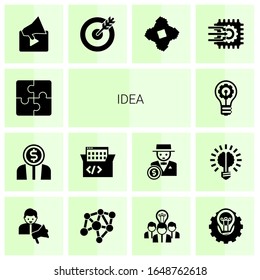 14 idea filled icons set isolated on white background. Icons set with Puzzle, Entrepreneurship, Game-based Learning, innovation, Video marketing, goal, start-up team, Machine learning icons.
