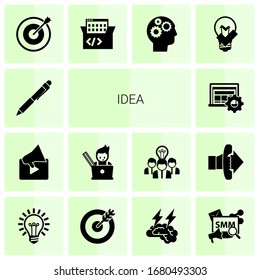 14 iconos llenos de ideas aislados en fondo blanco. Iconos con plumas, marketing de video, diseñador gráfico, curso interactivo, objetivo, aprendizaje basado en juegos, iconos de ciencia cognitiva.