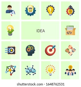 14 idea flat icons set isolated on white background. Icons set with great solution, Machine learning, Cognitive Science, Game-based Learning, social media specialist, Creative process icons.