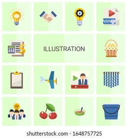 14 illustration flat icons set isolated on white background. Icons set with Accounting, Clipboard, Aeromodeling, flower basket, Idea, partnership, innovation, Video Compression icons.