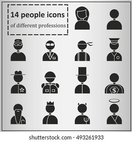 14 images of people. Logos, emblems, symbols for decoration of sites. Various profession. Black silhouettes of people. Vector Illustration